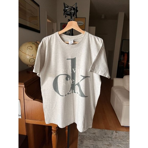 CALVIN KLEIN JEANS VINTAGE MENS LOGO T SHIRT SIZE M GREY WHITE BLACK 90S Y2K - Picture 1 of 4